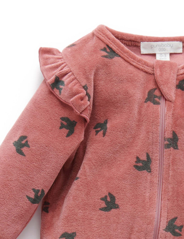 Frill Velour Growsuit - Swallow Print