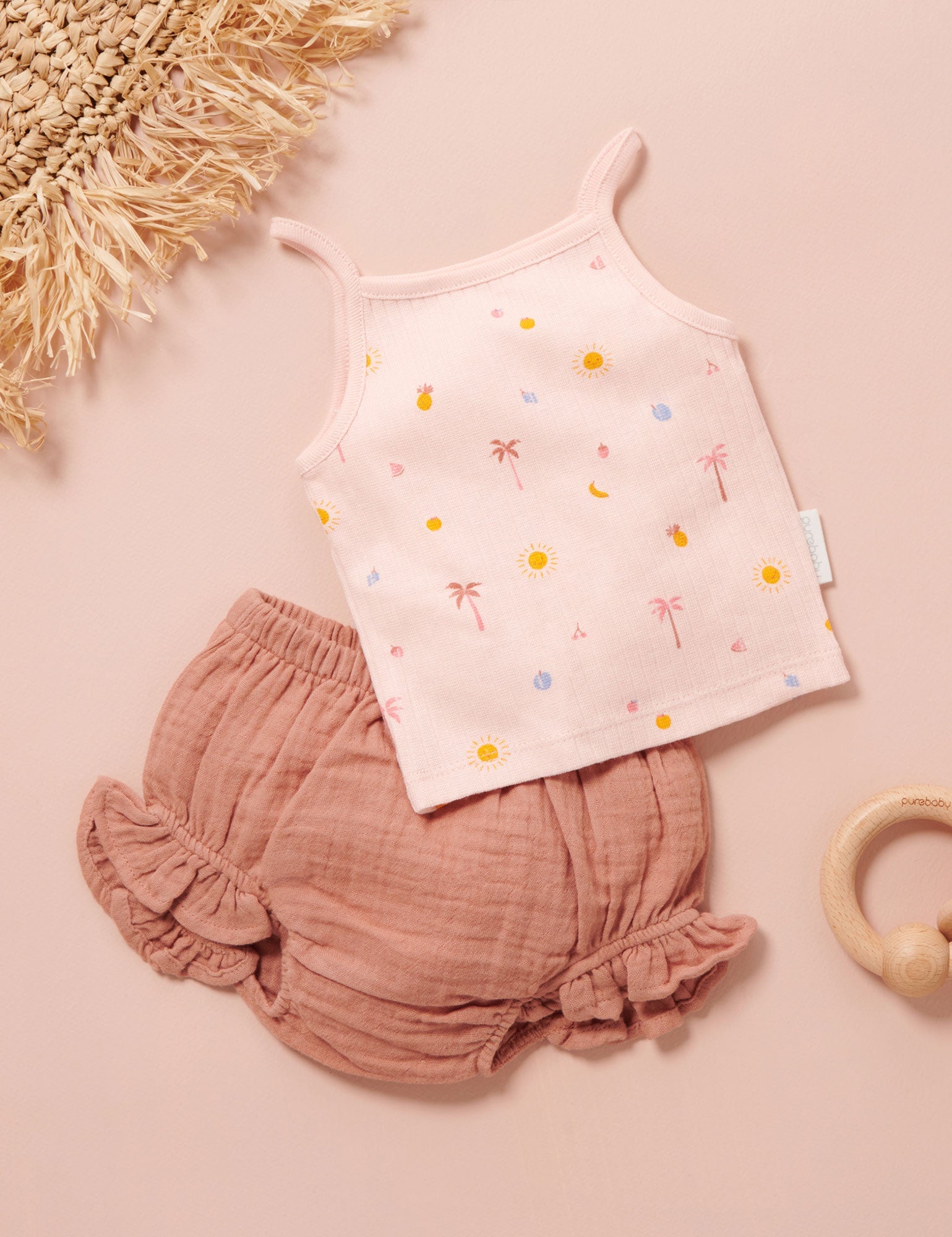 Island Rib Singlet Set - Palm Trees Print