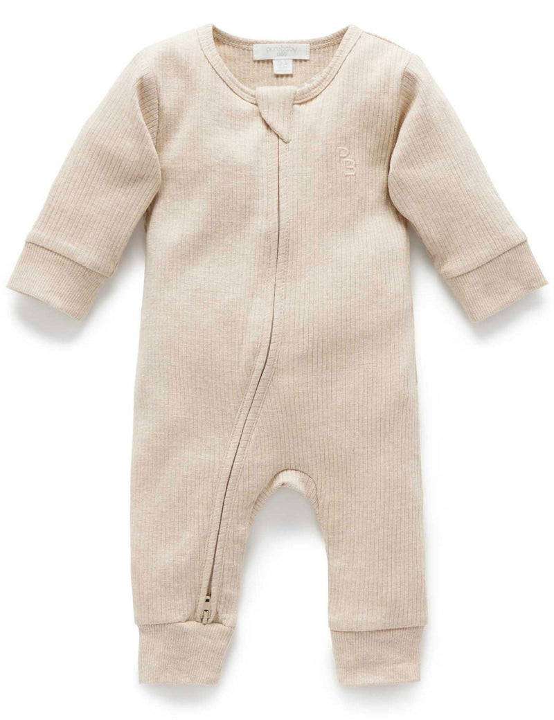 Rib Zip Growsuit - Biscuit Melange