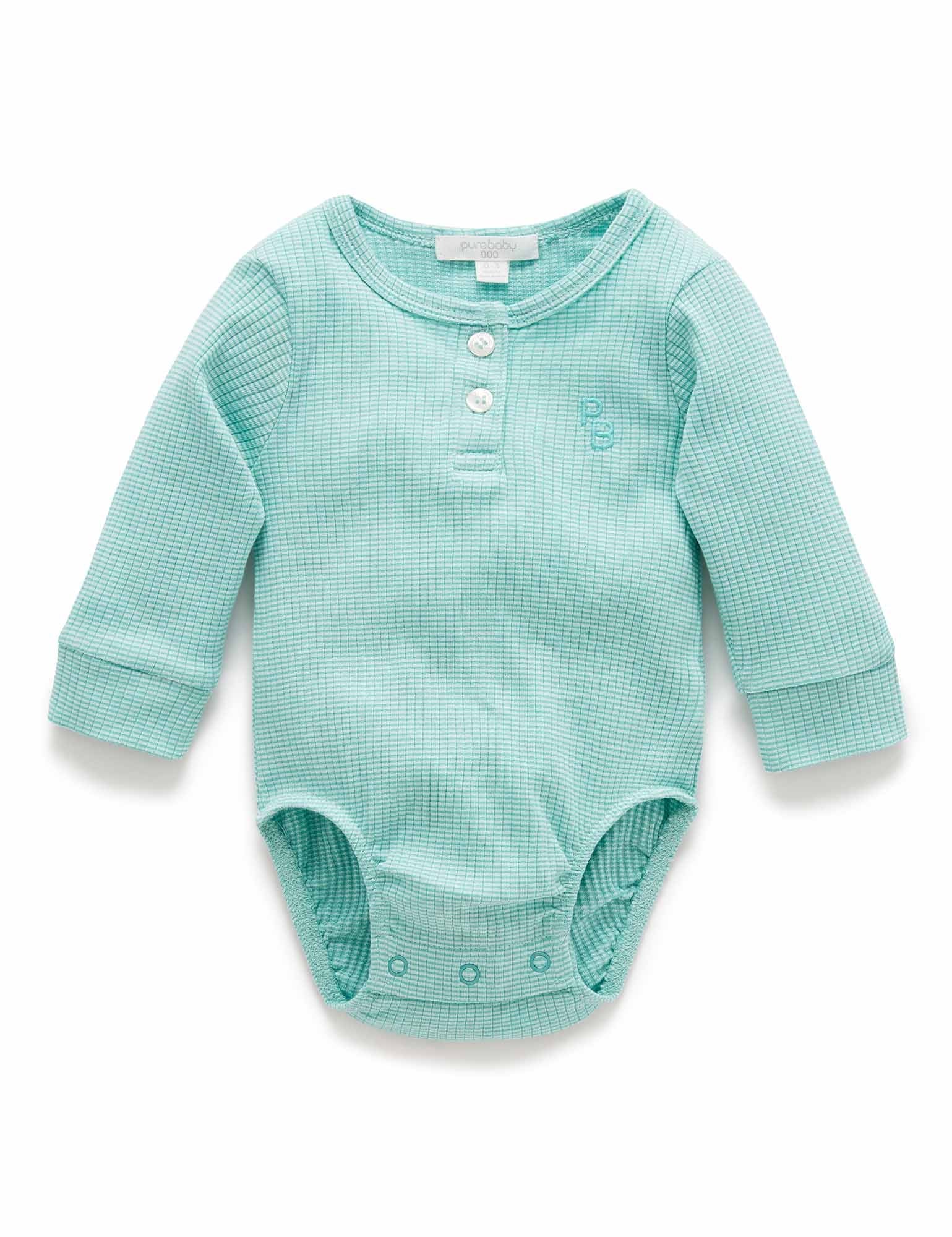 Rib L/Slv Henley Bodysuit - Aquamarine Stripe