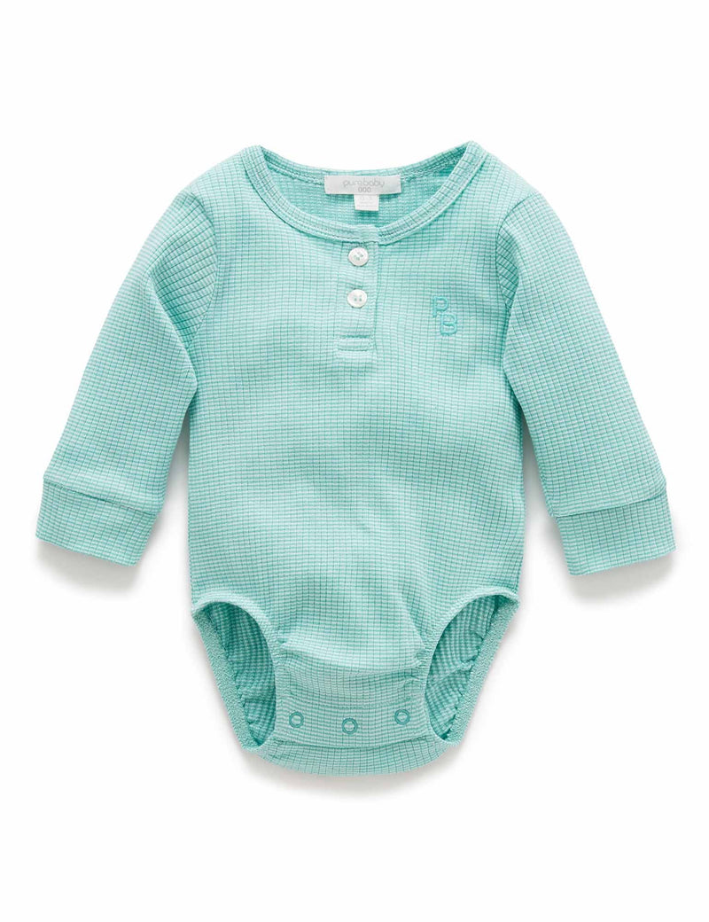 Rib L/Slv Henley Bodysuit - Aquamarine Stripe