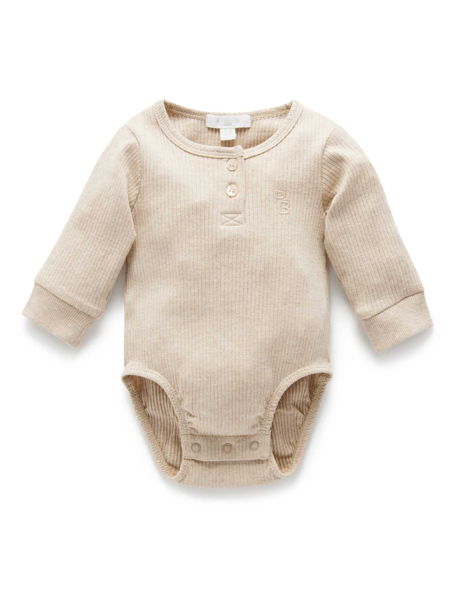 Rib L/Slv Henley Bodysuit - Biscuit Melange