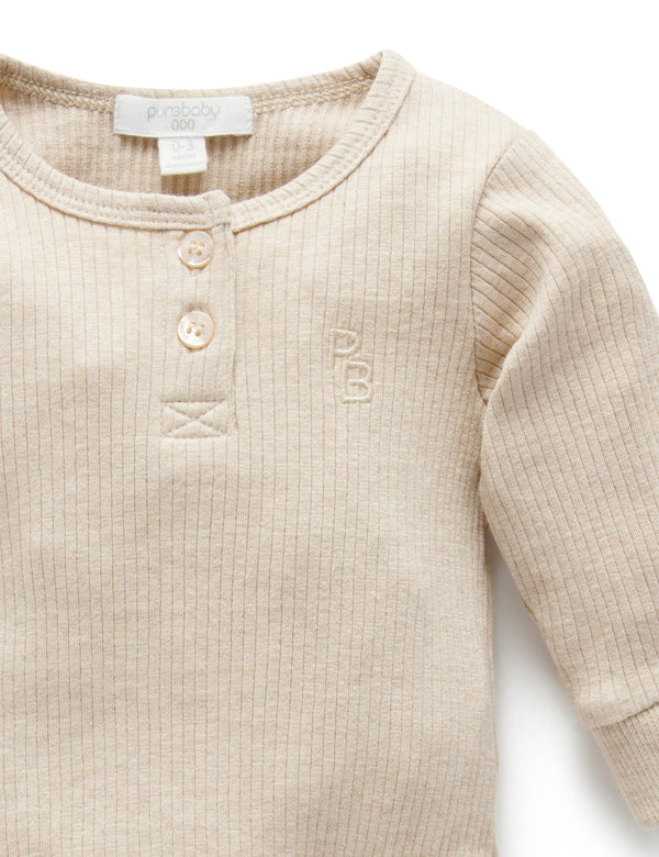 Rib L/Slv Henley Bodysuit - Biscuit Melange