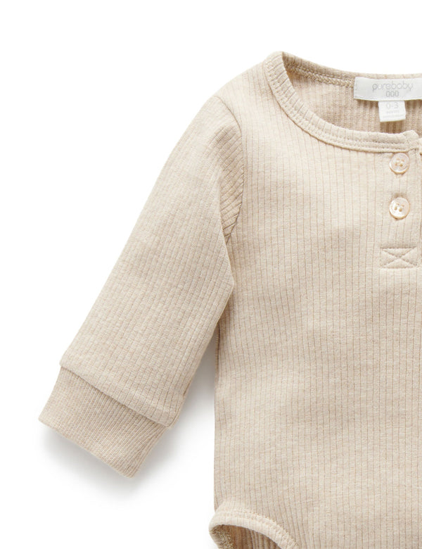 Rib L/Slv Henley Bodysuit - Biscuit Melange