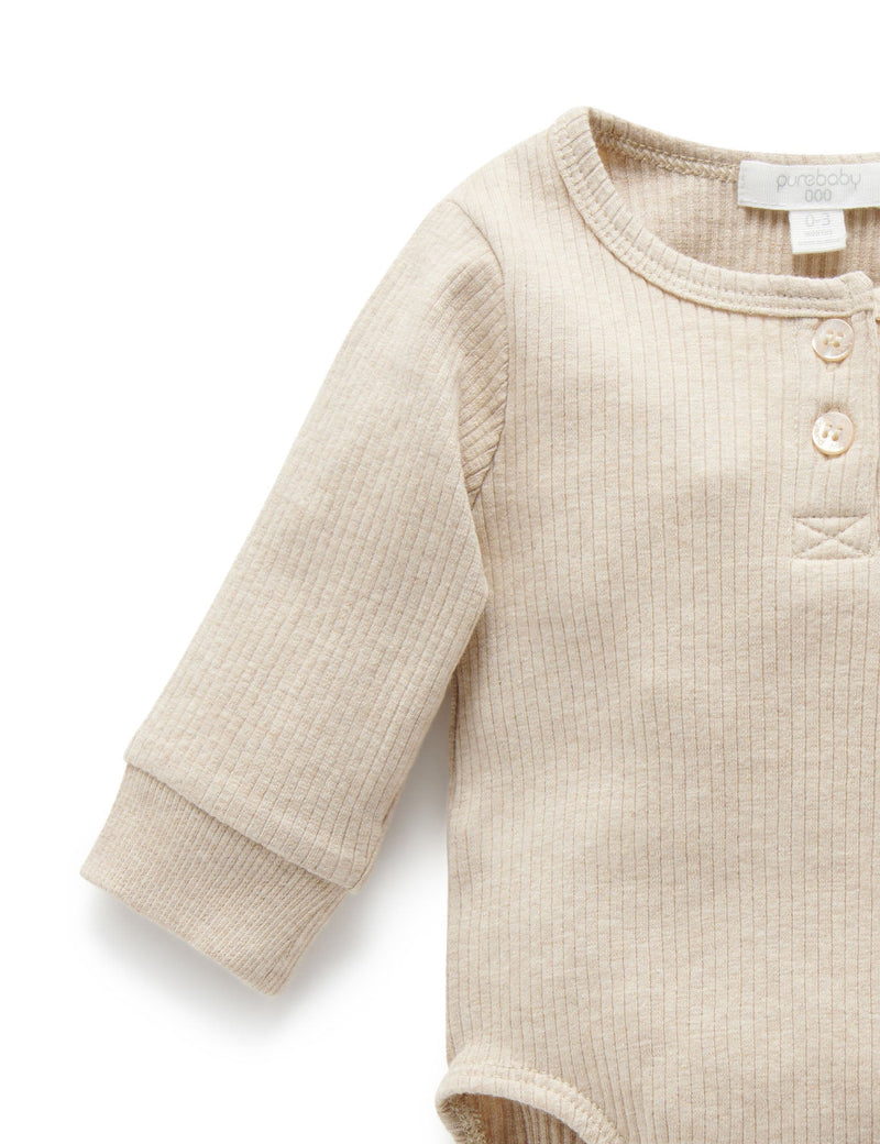 Rib L/Slv Henley Bodysuit - Biscuit Melange