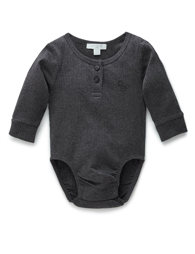 Rib L/Slv Henley Bodysuit - Charcoal Melange
