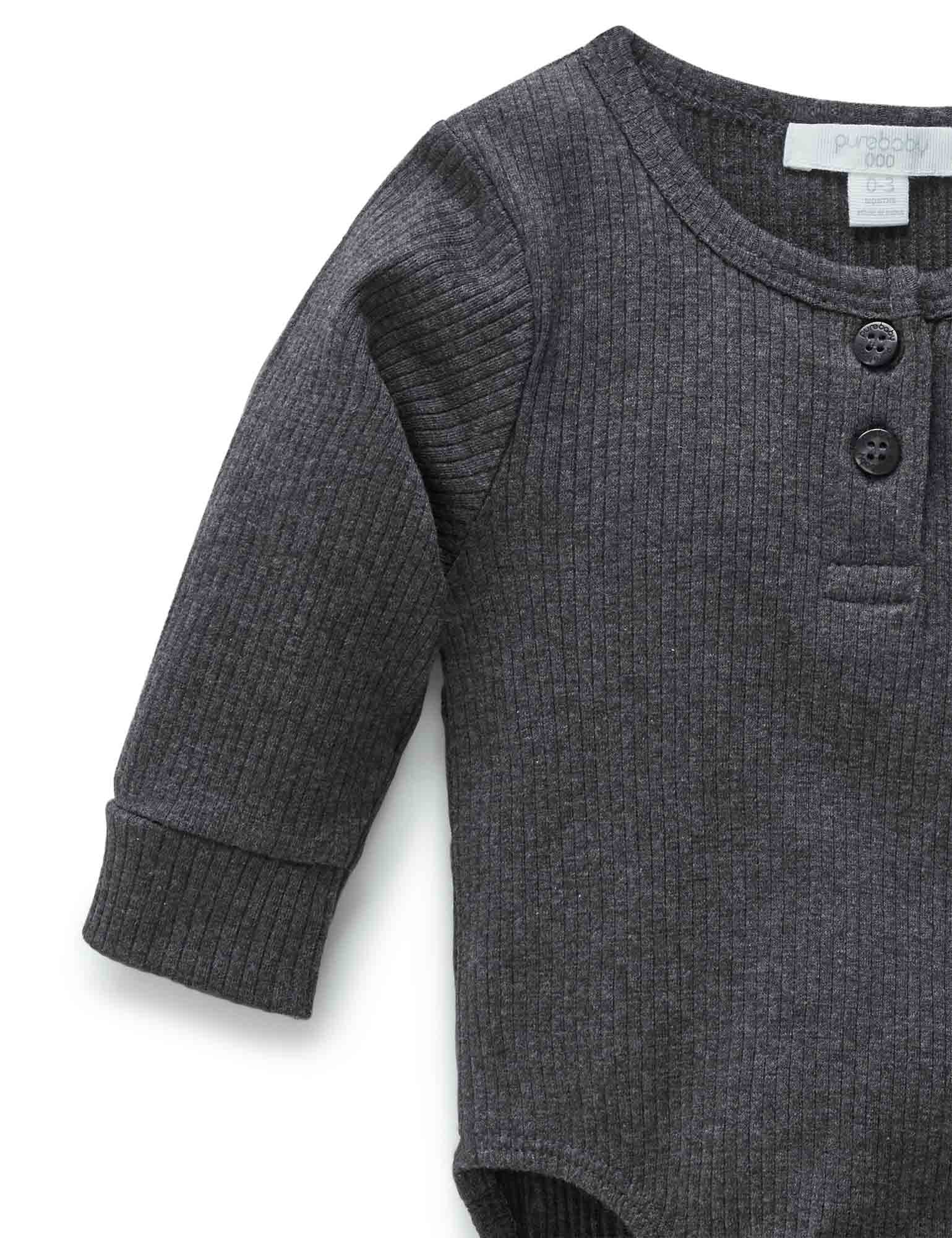 Rib L/Slv Henley Bodysuit - Charcoal Melange