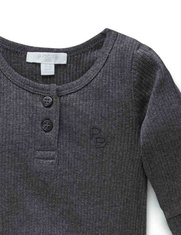 Rib L/Slv Henley Bodysuit - Charcoal Melange
