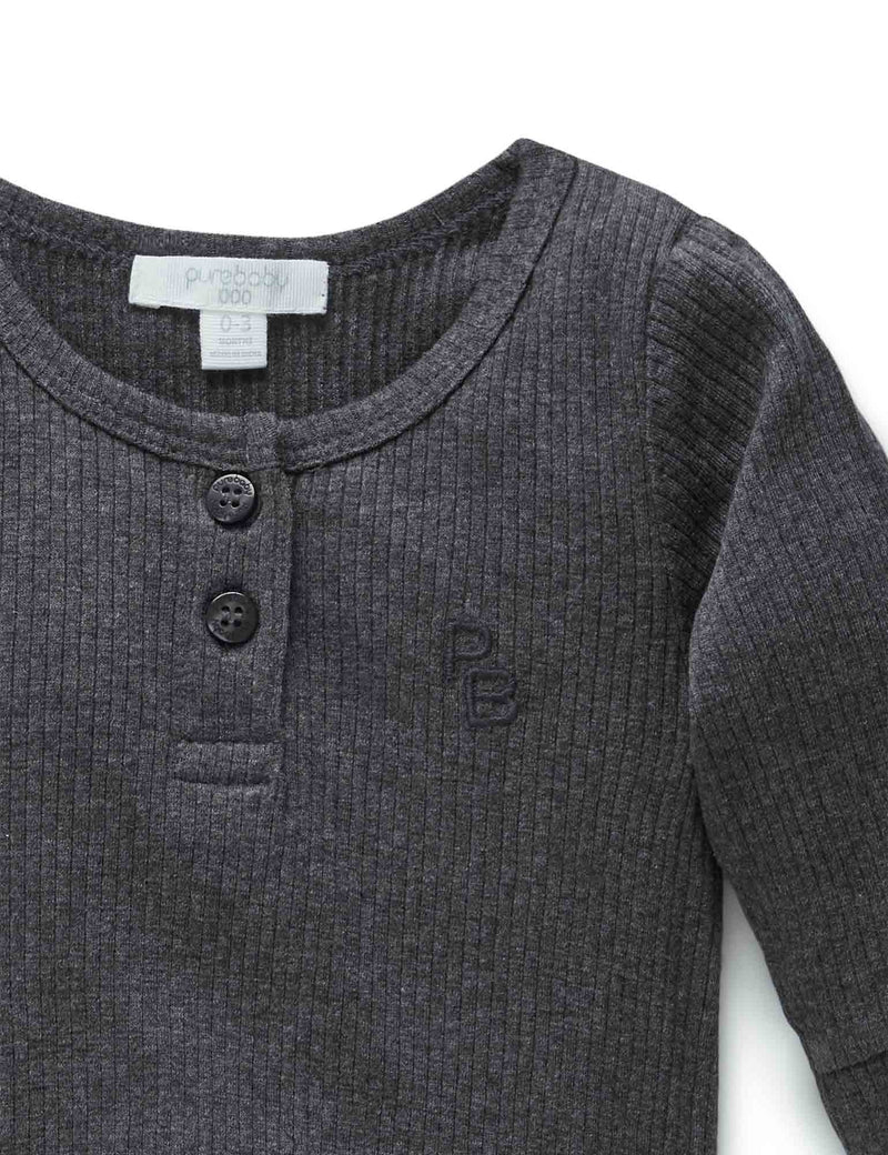 Rib L/Slv Henley Bodysuit - Charcoal Melange