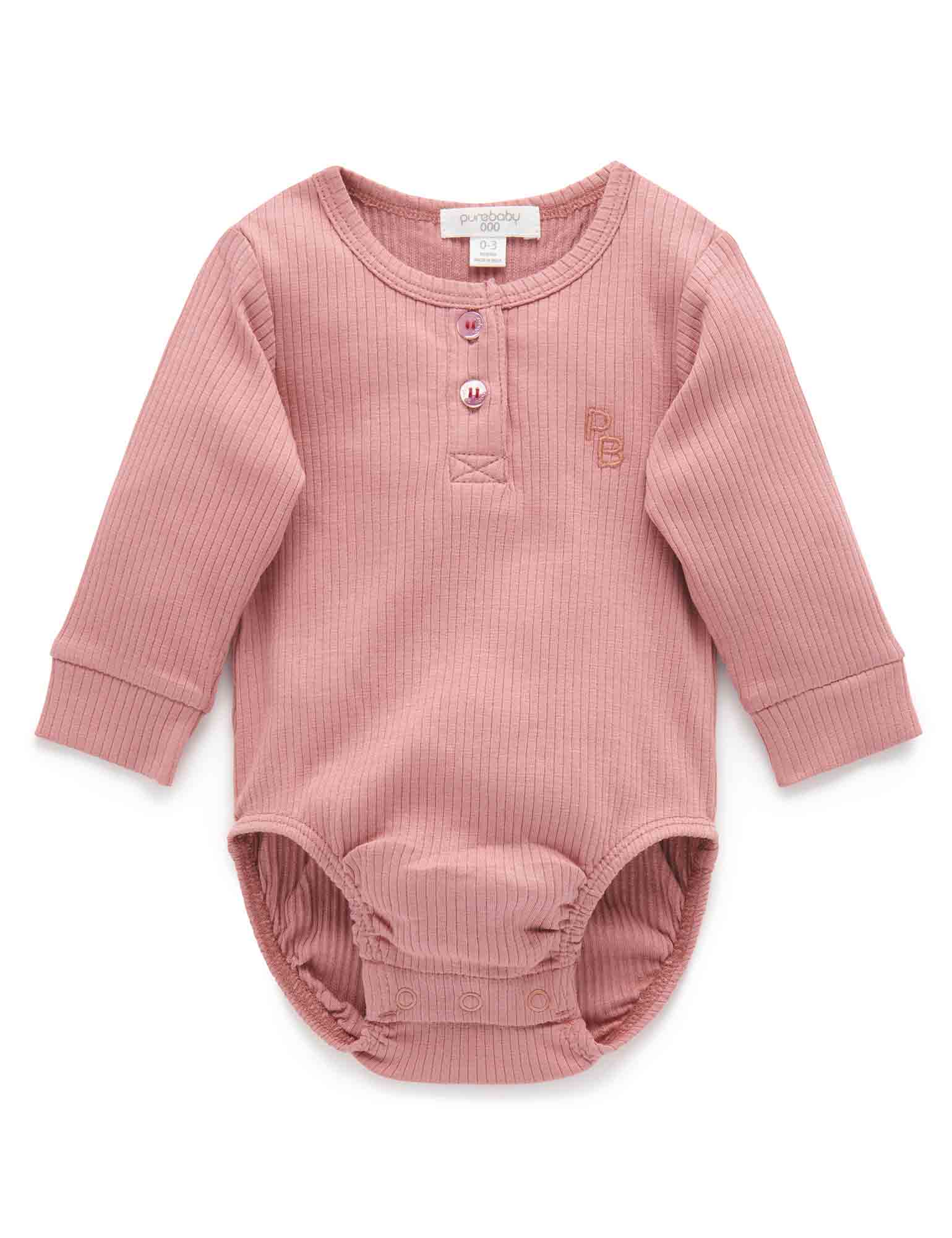 Rib L/Slv Henley Bodysuit - Crab Apple
