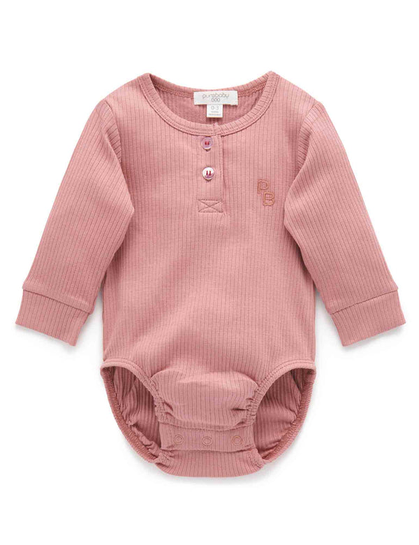 Rib L/Slv Henley Bodysuit - Crab Apple