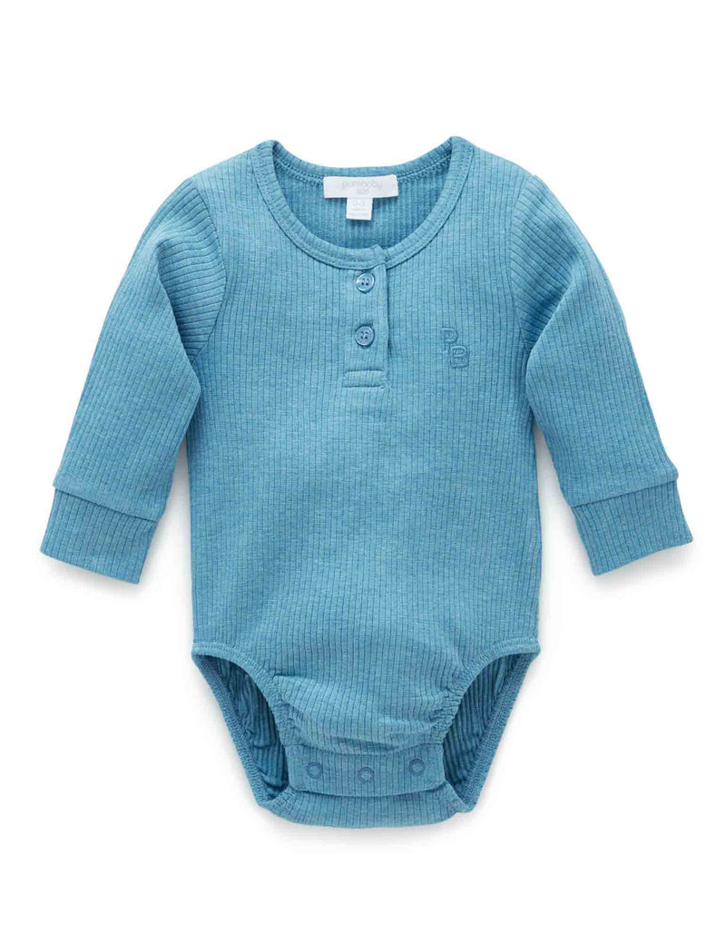 Rib L/Slv Henley Bodysuit - Lake Melange