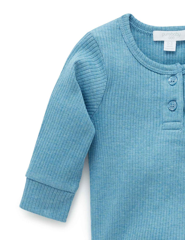 Rib L/Slv Henley Bodysuit - Lake Melange