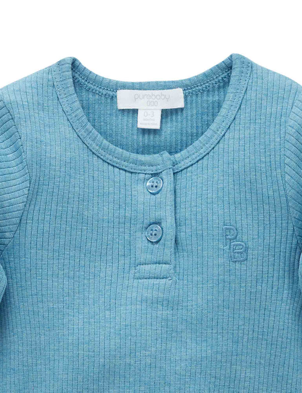 Rib L/Slv Henley Bodysuit - Lake Melange