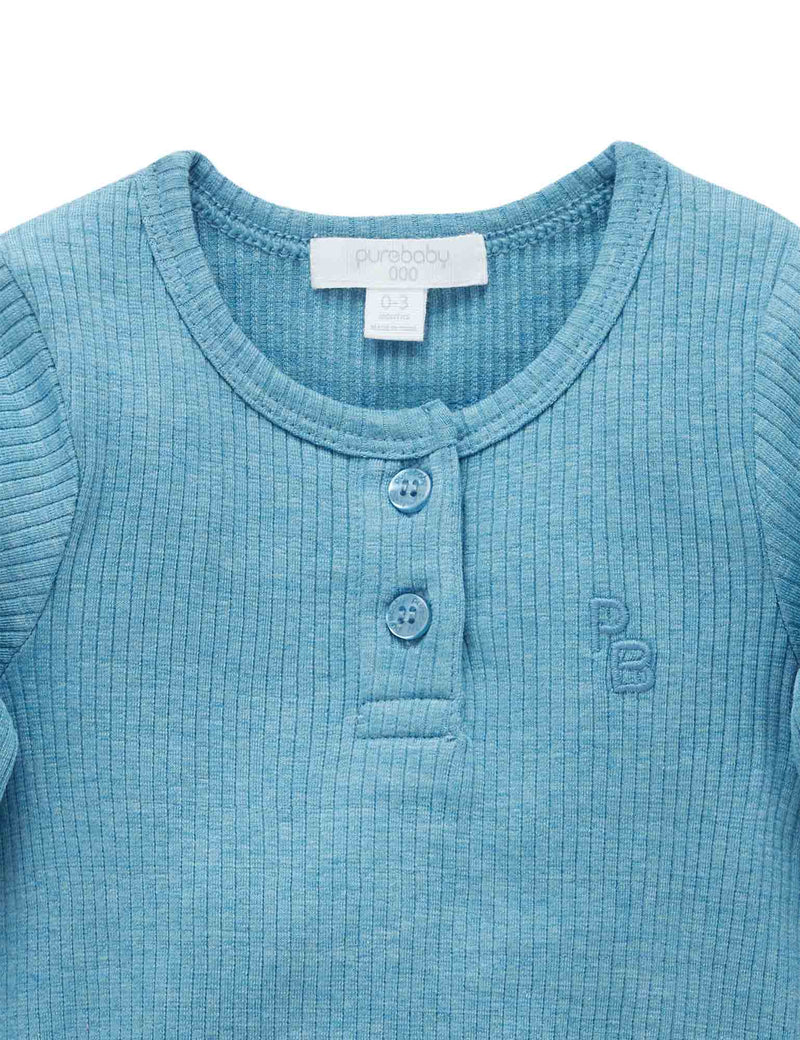 Rib L/Slv Henley Bodysuit - Lake Melange