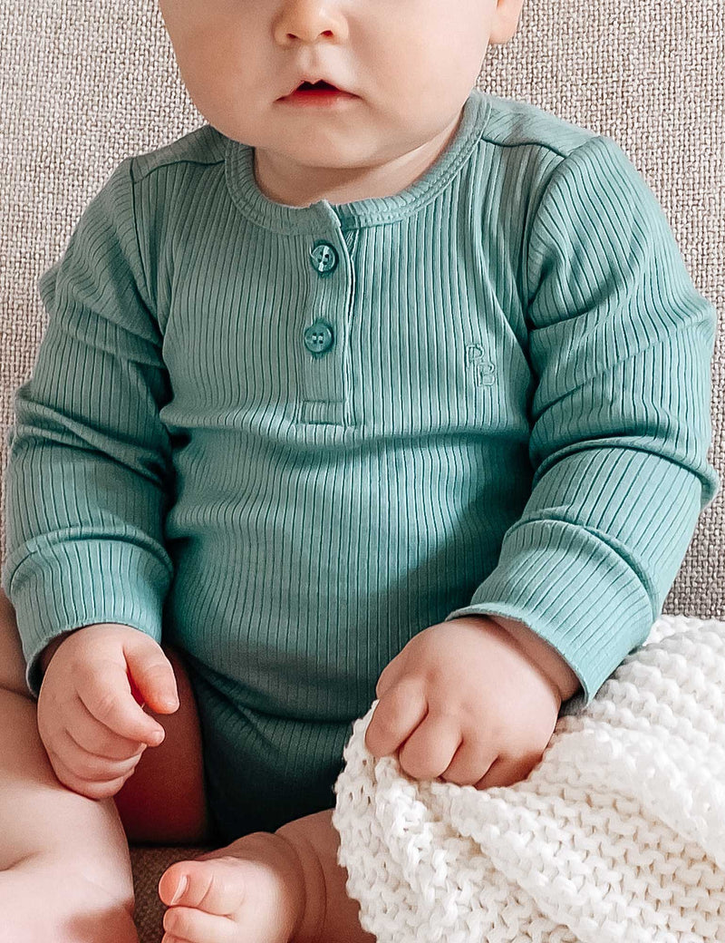 Rib L/Slv Henley Bodysuit - Moss Green