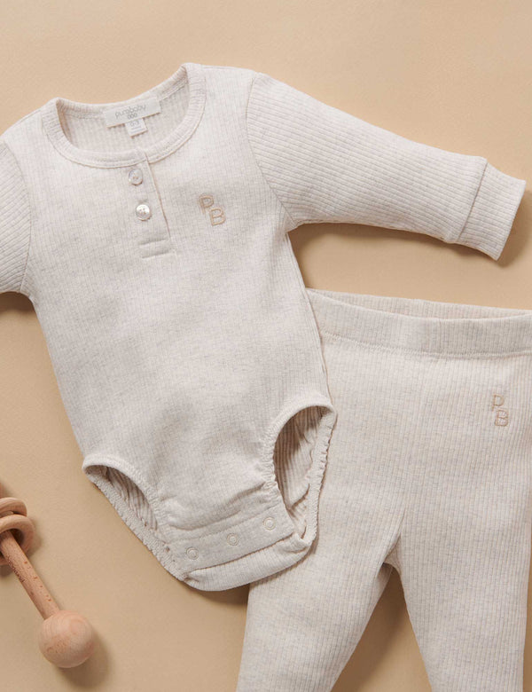 Rib L/Slv Henley Bodysuit - Wheat melange