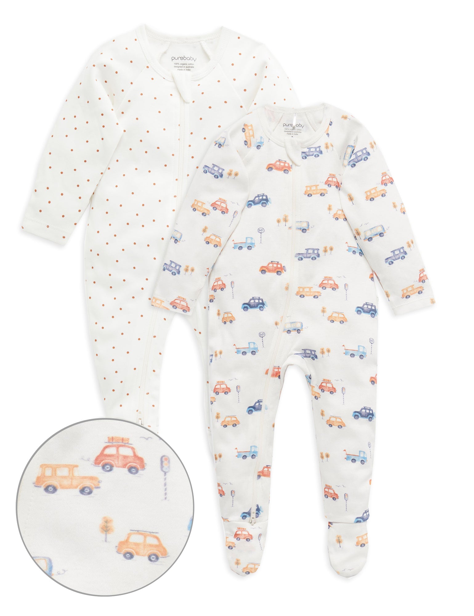 2 Pack Digital Zip Growsuit - Busy Car Print