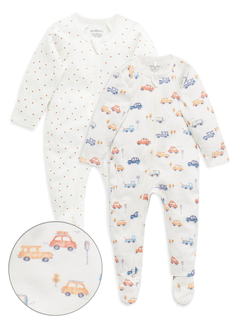 2 Pack Digital Zip Growsuit - Busy Car Print