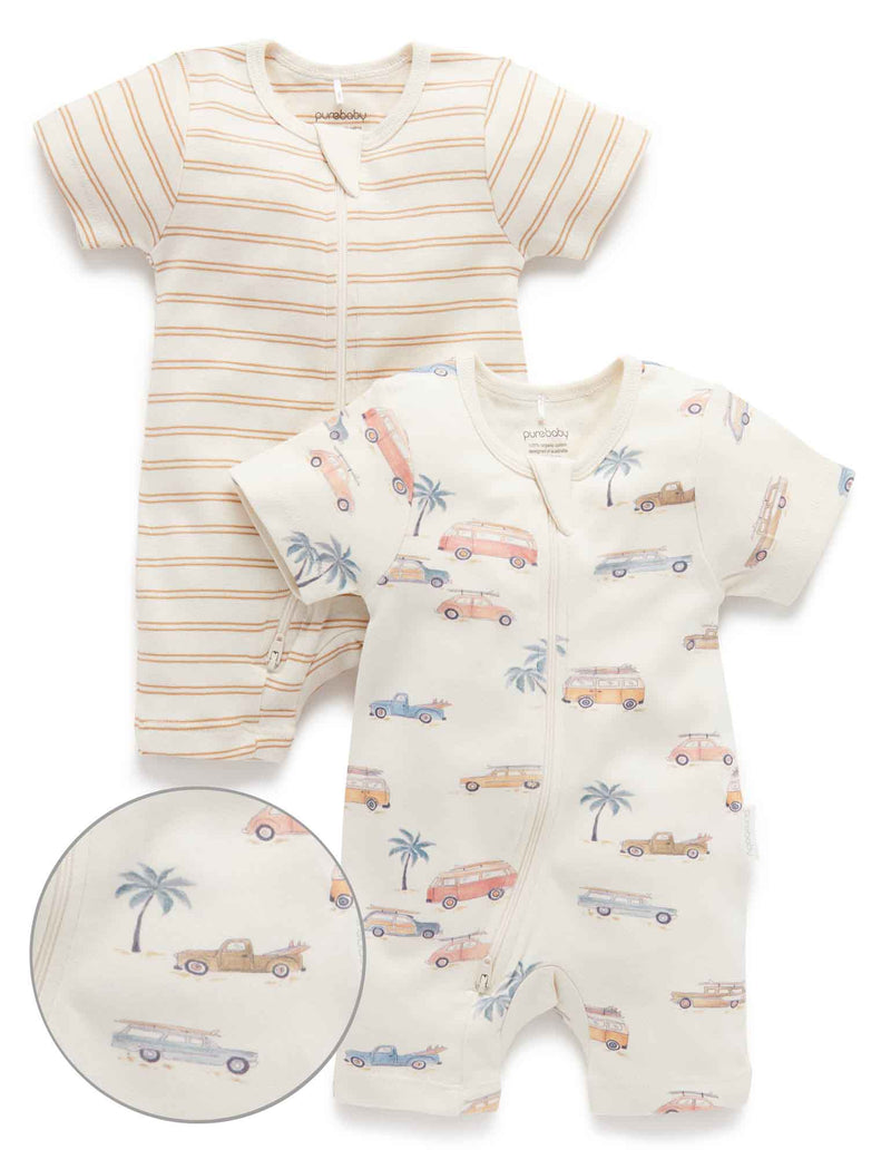2 Pack S/Slv Zip Growsuit - Coastal Cars Print