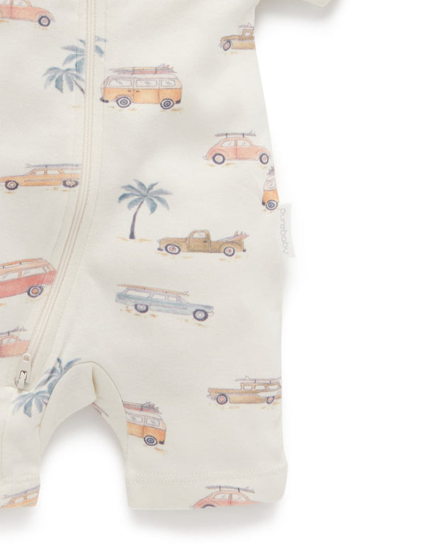 2 Pack S/Slv Zip Growsuit - Coastal Cars Print