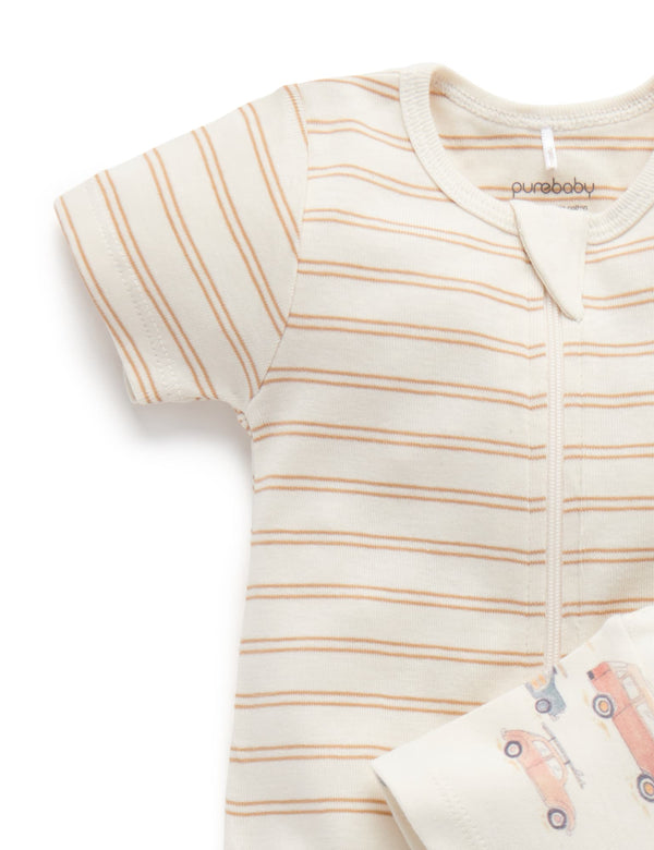 2 Pack S/Slv Zip Growsuit - Coastal Cars Print
