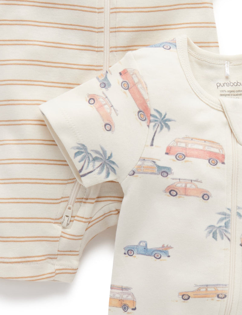 2 Pack S/Slv Zip Growsuit - Coastal Cars Print