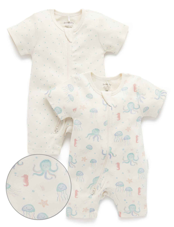 2 Pack S/Slv Zip Growsuit - Cloud We're Floating Print