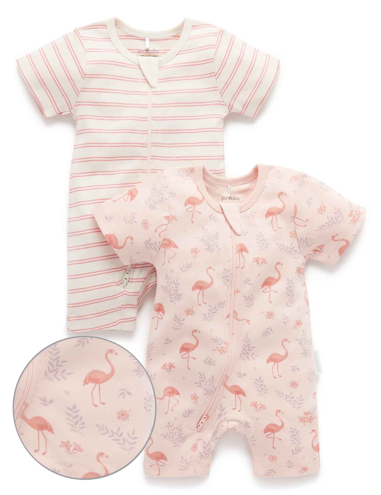 2 Pack S/Slv Zip Growsuit - Flamingo Print