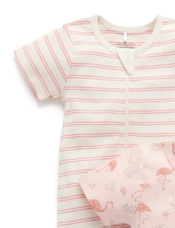 2 Pack S/Slv Zip Growsuit - Flamingo Print