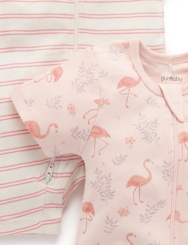 2 Pack S/Slv Zip Growsuit - Flamingo Print