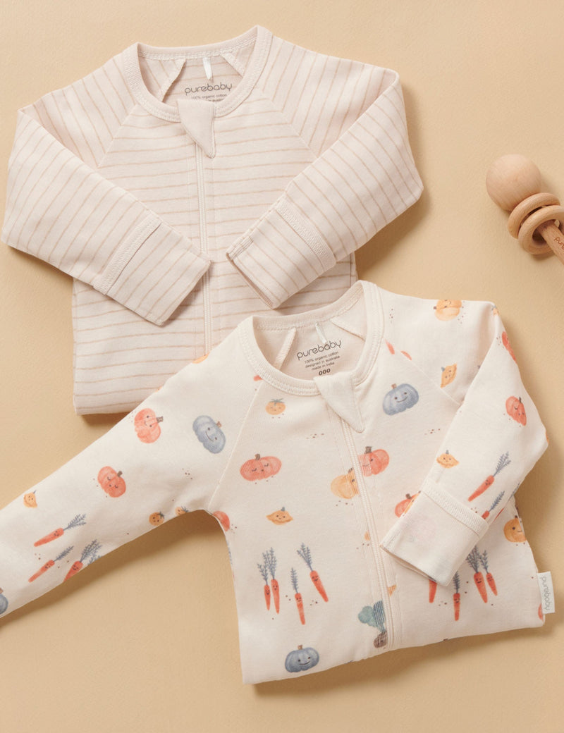 2 Pack Zip Growsuit - Cloud Winter Veggies Print
