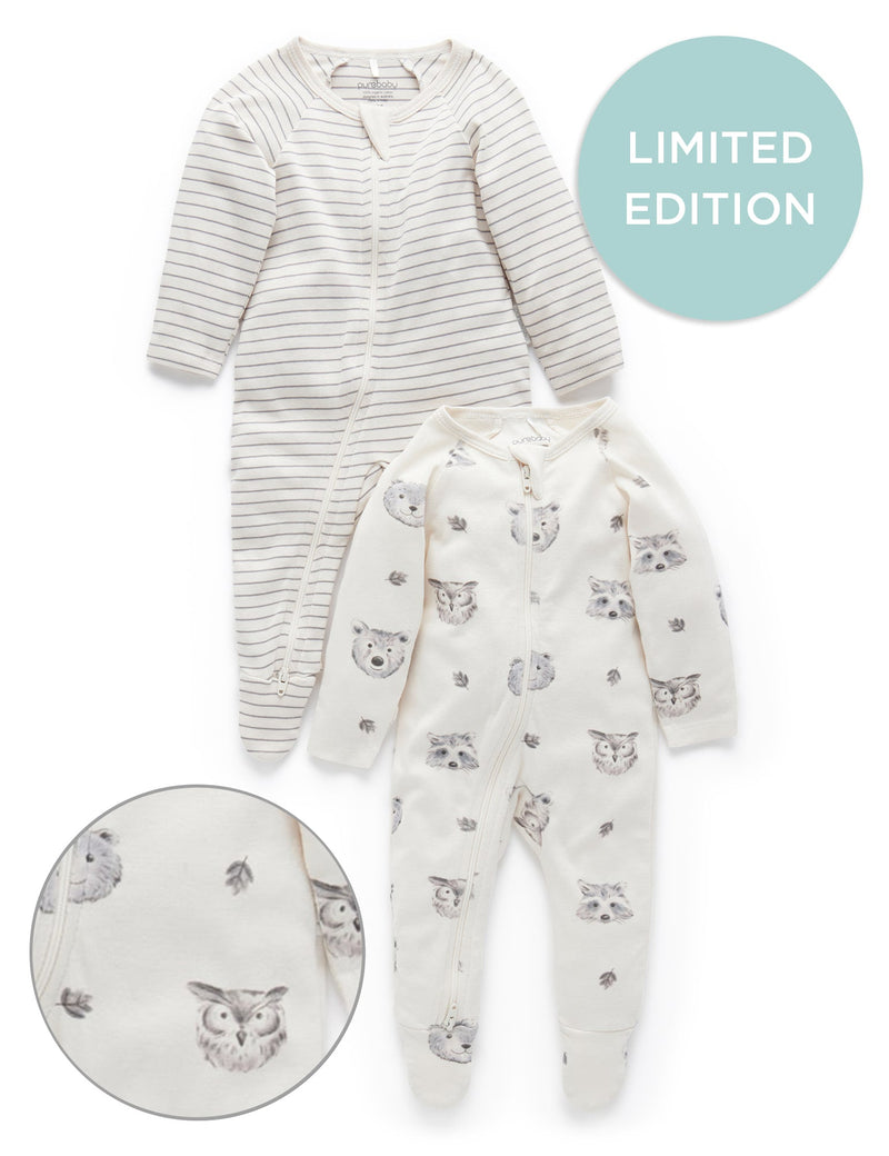 2 Pack Zip Growsuit - Cloud Woodland Faces Print