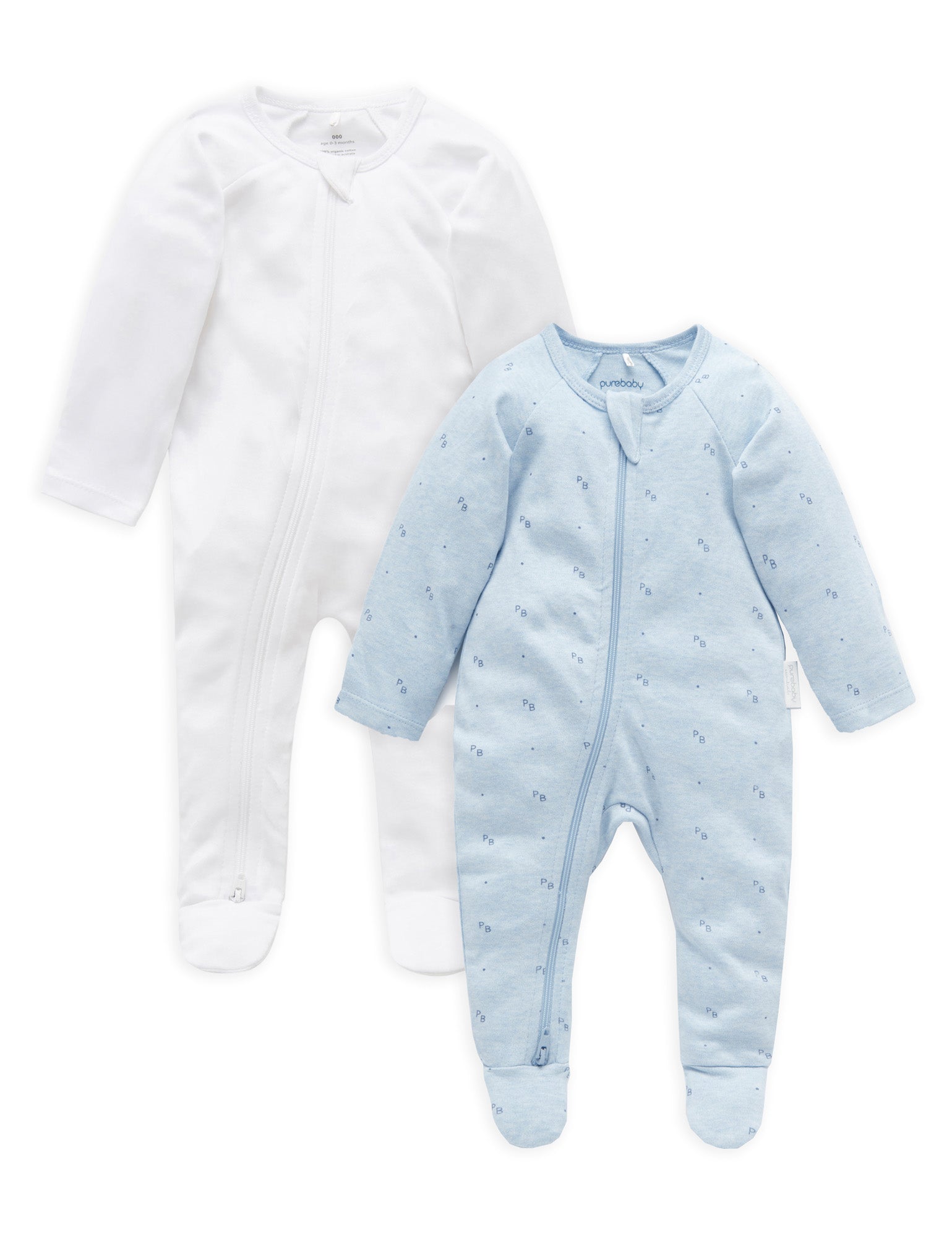 2 Pack Zip Growsuit - White/Blue Logo Print