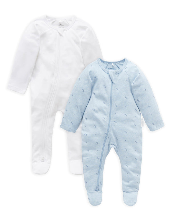 2 Pack Zip Growsuit - White/Blue Logo Print