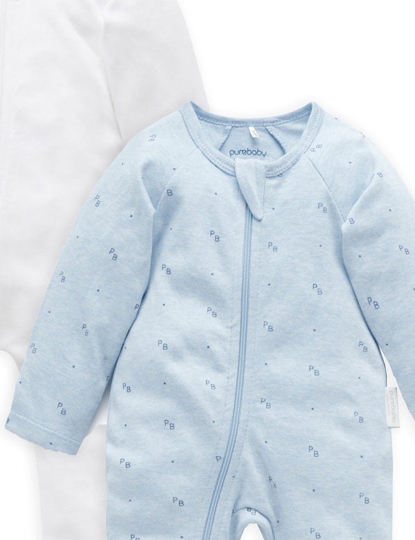 2 Pack Zip Growsuit - White/Blue Logo Print