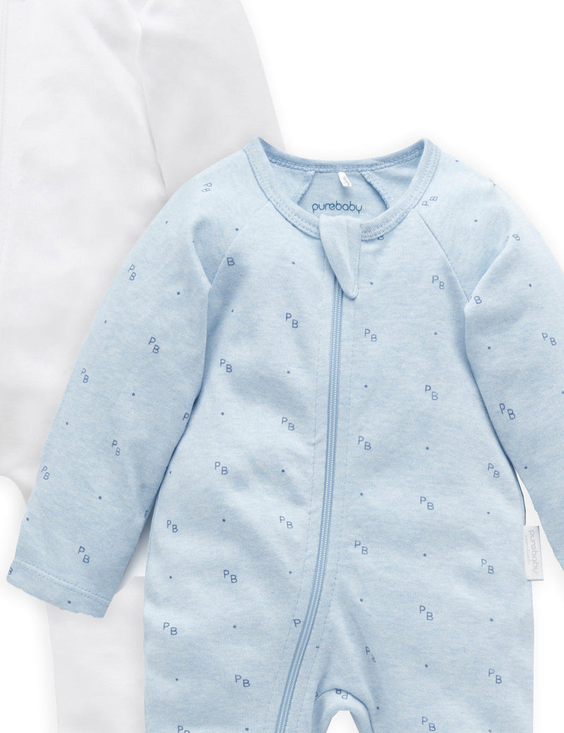 2 Pack Zip Growsuit - White/Blue Logo Print