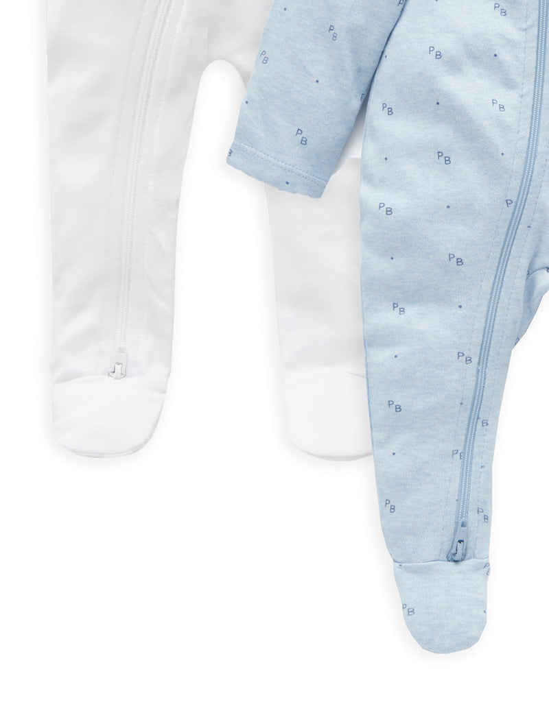2 Pack Zip Growsuit - White/Blue Logo Print