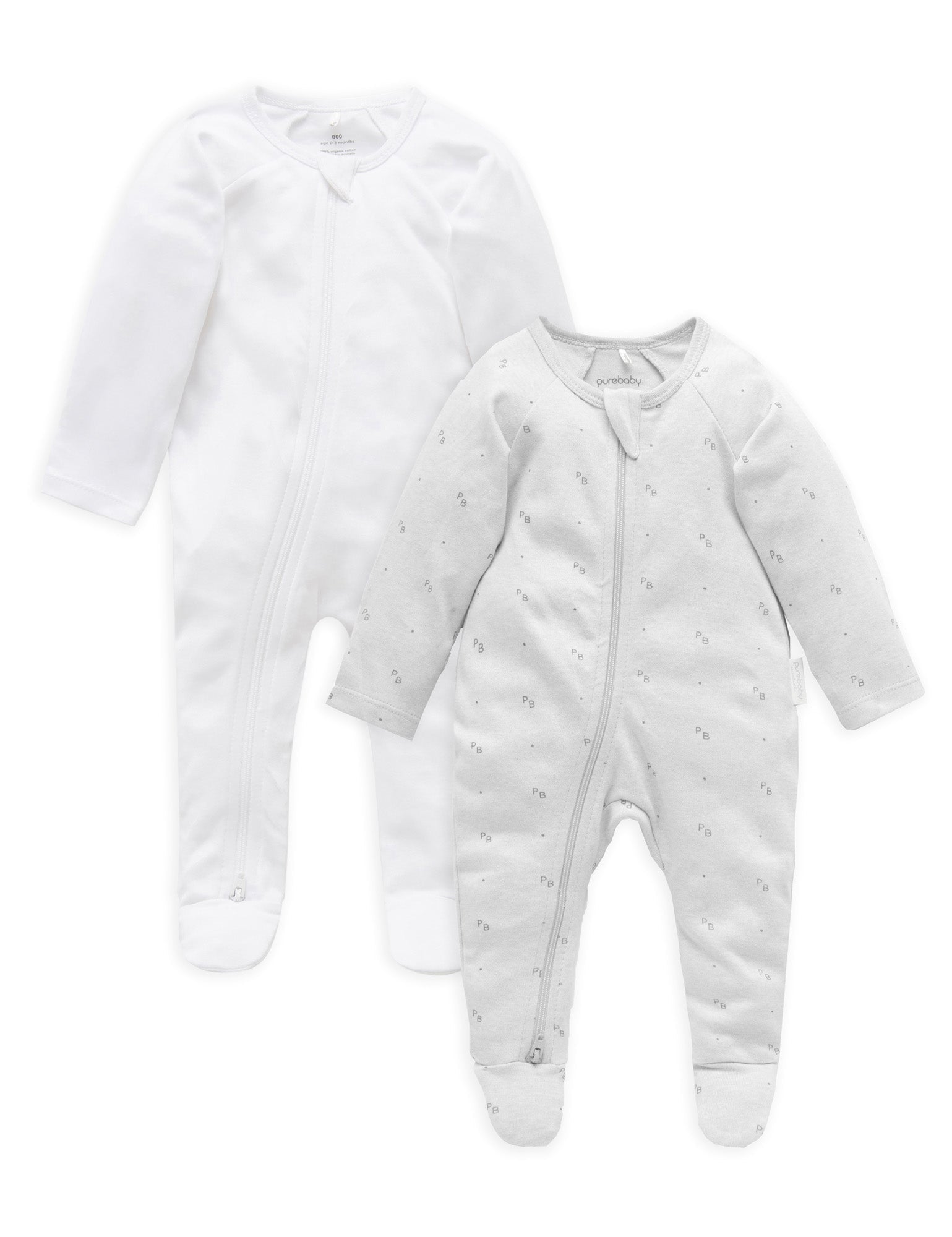 2 Pack Zip Growsuit - White/Grey Logo Print