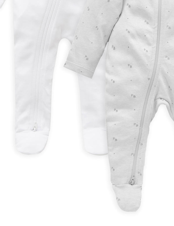 2 Pack Zip Growsuit - White/Grey Logo Print