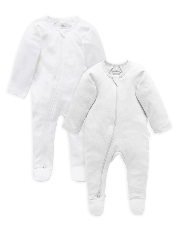 2 Pack Zip Growsuit - White/Pale Grey Melange