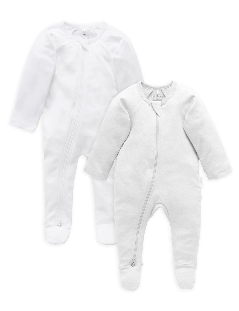 2 Pack Zip Growsuit - White/Pale Grey Melange