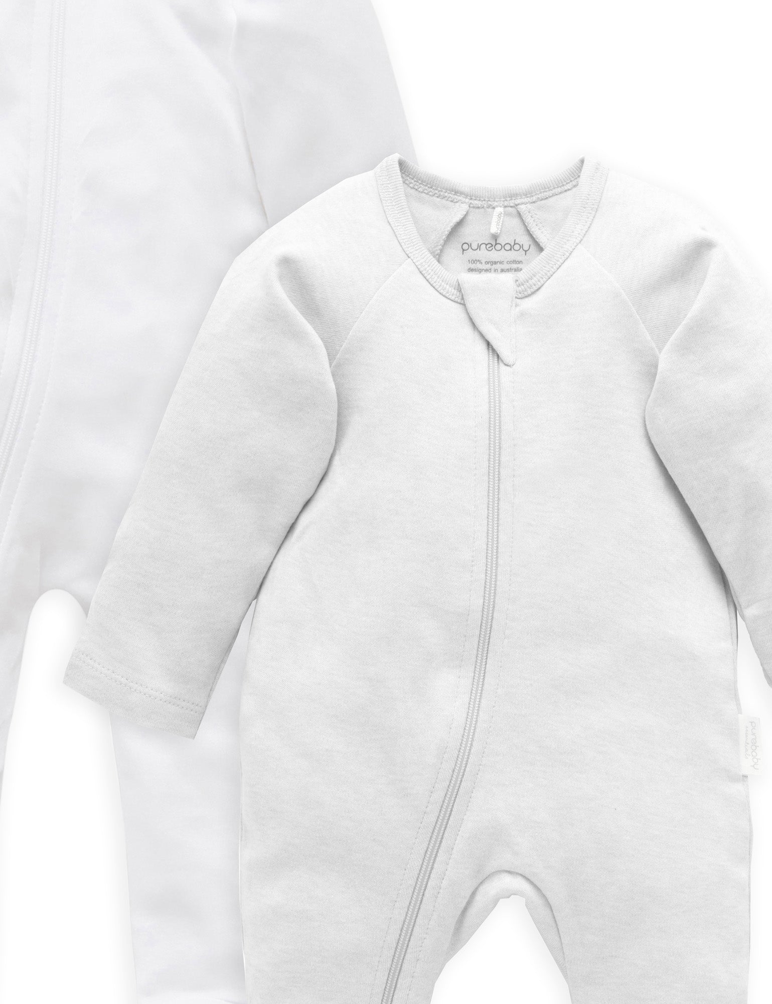 2 Pack Zip Growsuit - White/Pale Grey Melange