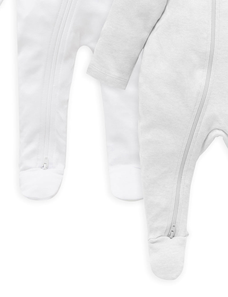 2 Pack Zip Growsuit - White/Pale Grey Melange