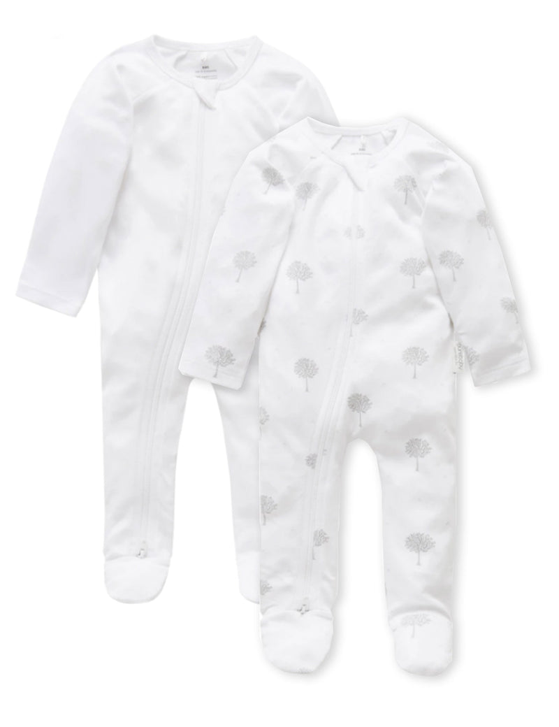 2 Pack Zip Growsuit - White/Pale Grey Tree
