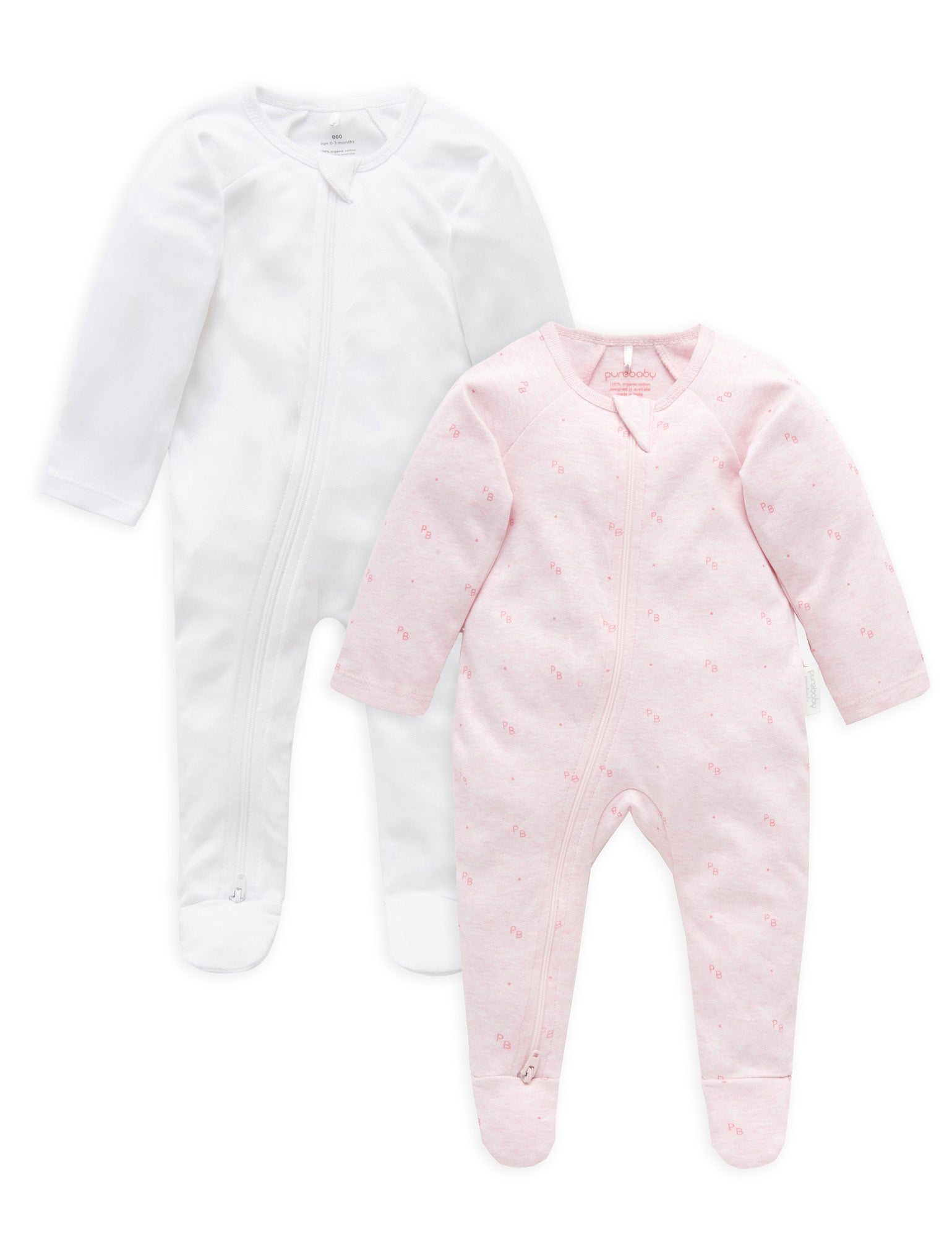 2 Pack Zip Growsuit - White/Pink Logo Print