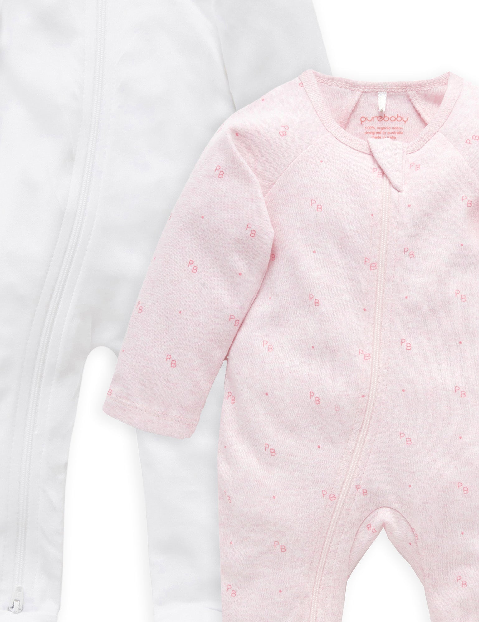 2 Pack Zip Growsuit - White/Pink Logo Print