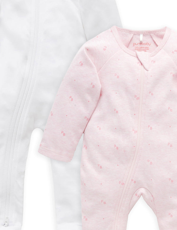 2 Pack Zip Growsuit - White/Pink Logo Print