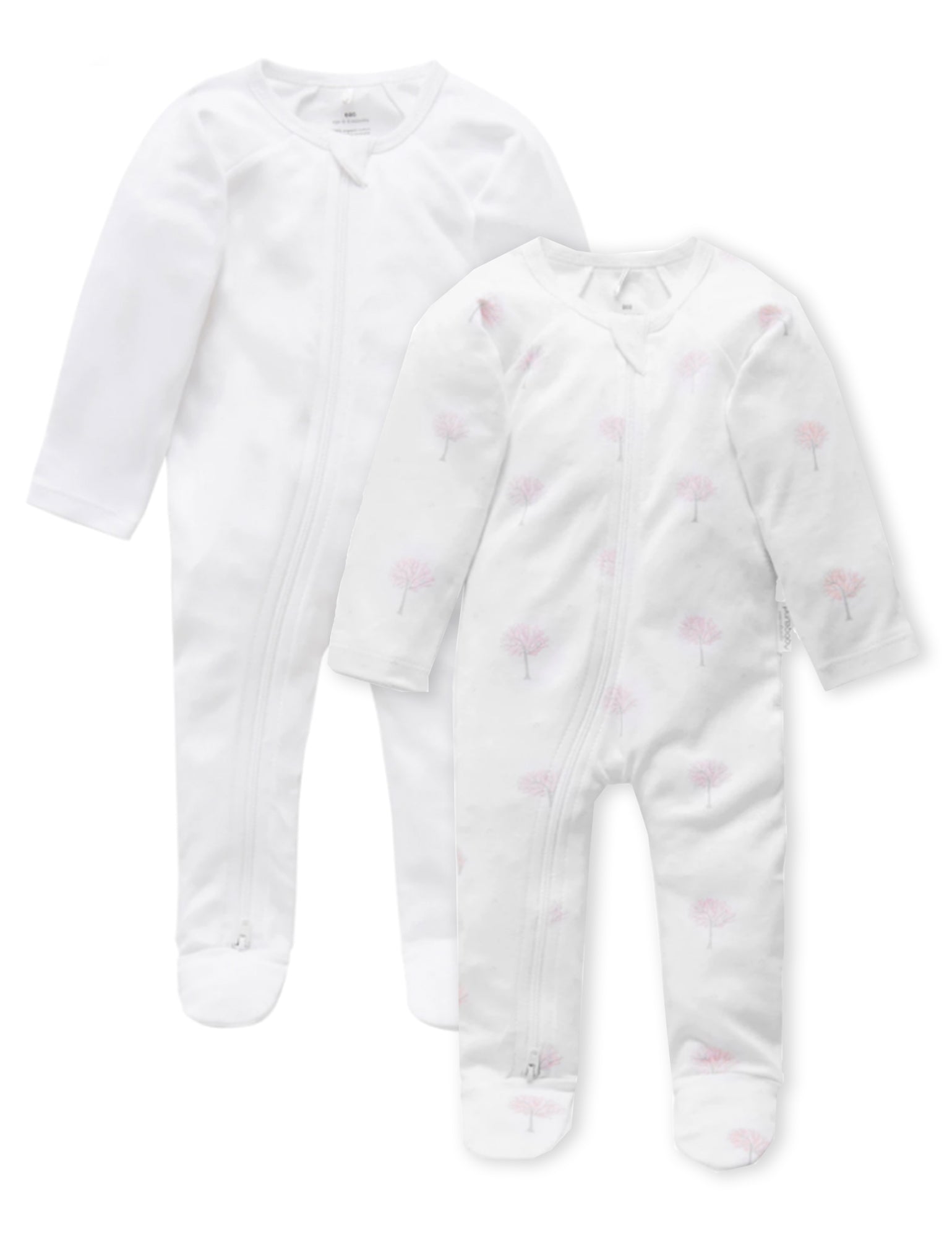 2 Pack Zip Growsuit - White/Pale Pink Tree