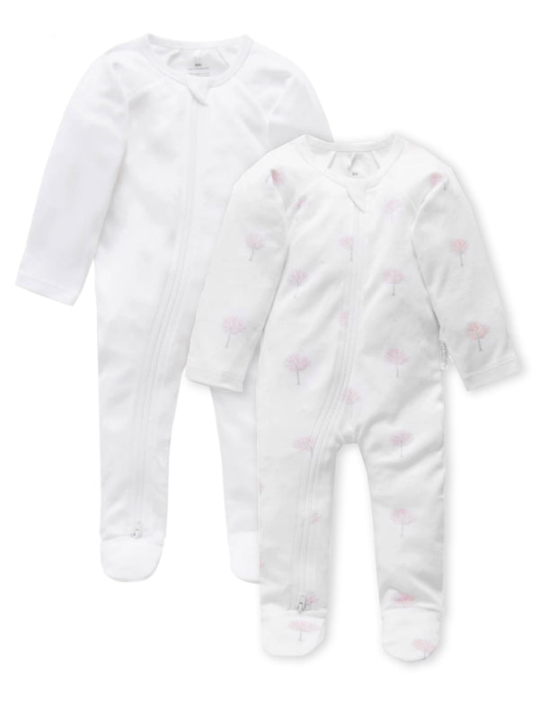 2 Pack Zip Growsuit - White/Pale Pink Tree
